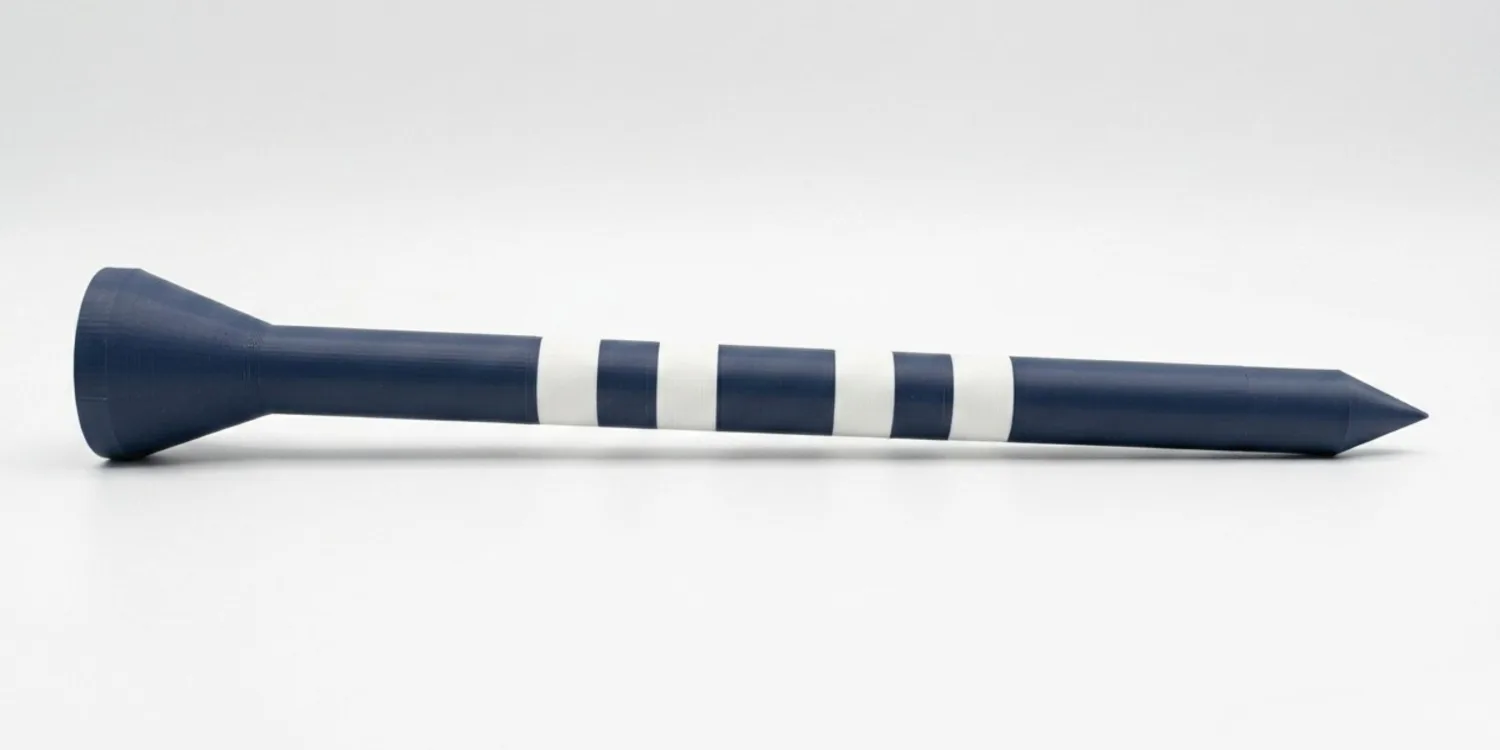 The full Big Tee lying flat in a studio shot, cup to point, in Dark Blue with Ivory White rings