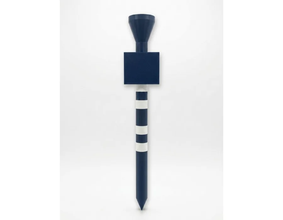 The Big Tee hanging vertically on the included wall mount, point down, in Dark Blue with Ivory White rings