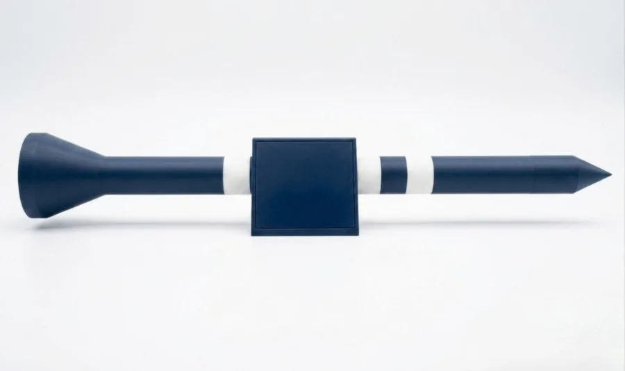 The Big Tee on its desk stand with a blank plaque mounted on the shaft, in Dark Blue with Ivory White rings